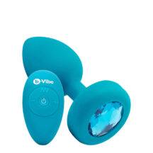 Вибропробка b-Vibe Jewel S/M с пультом ДУ, голубая с голубым кристаллом