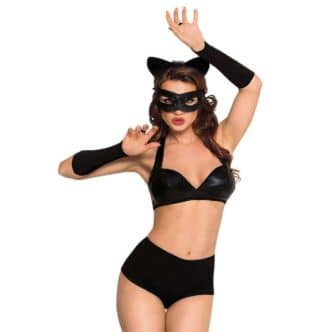 Костюм кошечки SoftLine Collection Catwoman (бюстгальтер, шортики, головной убор, маска и перчатки), чёрный, L