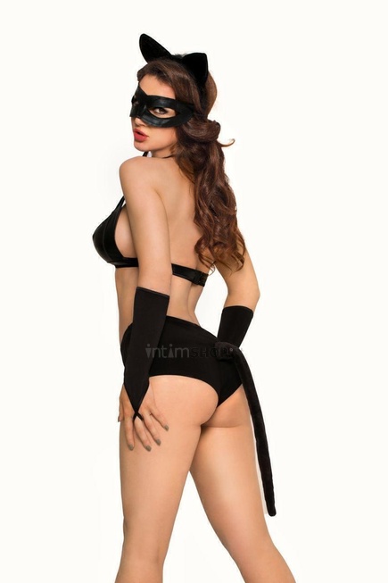 Костюм кошечки SoftLine Collection Catwoman (бюстгальтер, шортики, головной убор, маска и перчатки), чёрный, L - фото 3