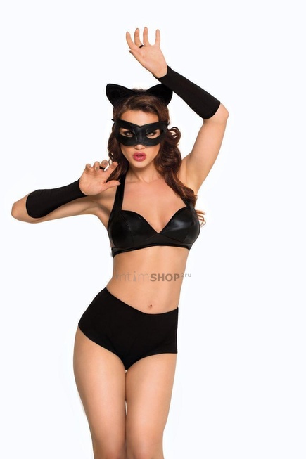 Костюм кошечки SoftLine Collection Catwoman (бюстгальтер, шортики, головной убор, маска и перчатки), чёрный, L - фото 2
