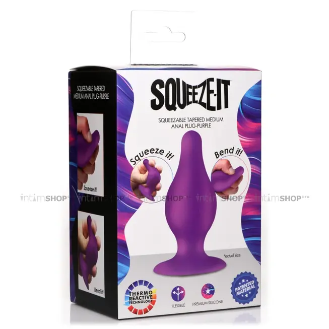Мягкая анальная пробка XR Brands Squeeze-It Tapered Medium, фиолетовая - фото 6