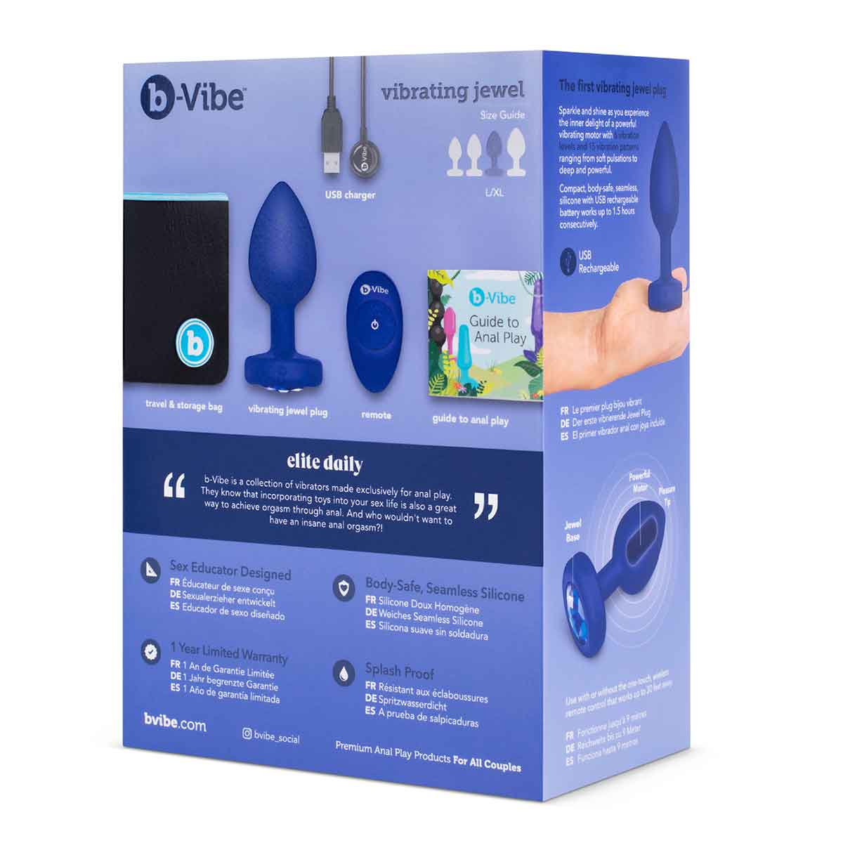 Вибропробка b-Vibe Jewel L/XL с пультом ДУ, синяя с синим кристаллом