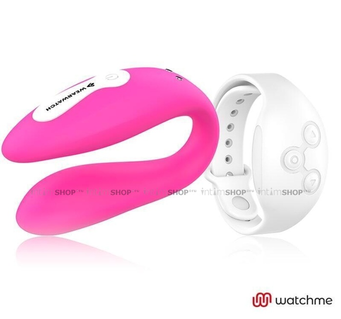 Вибратор для пар DreamLove Wearwatch Dual Pleasure Watchme с белым браслетом ДУ, фуксия