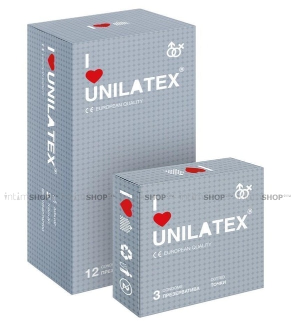 Презервативы Unilatex рельефные с точками 12 шт + 3 шт в подарок - фото 1