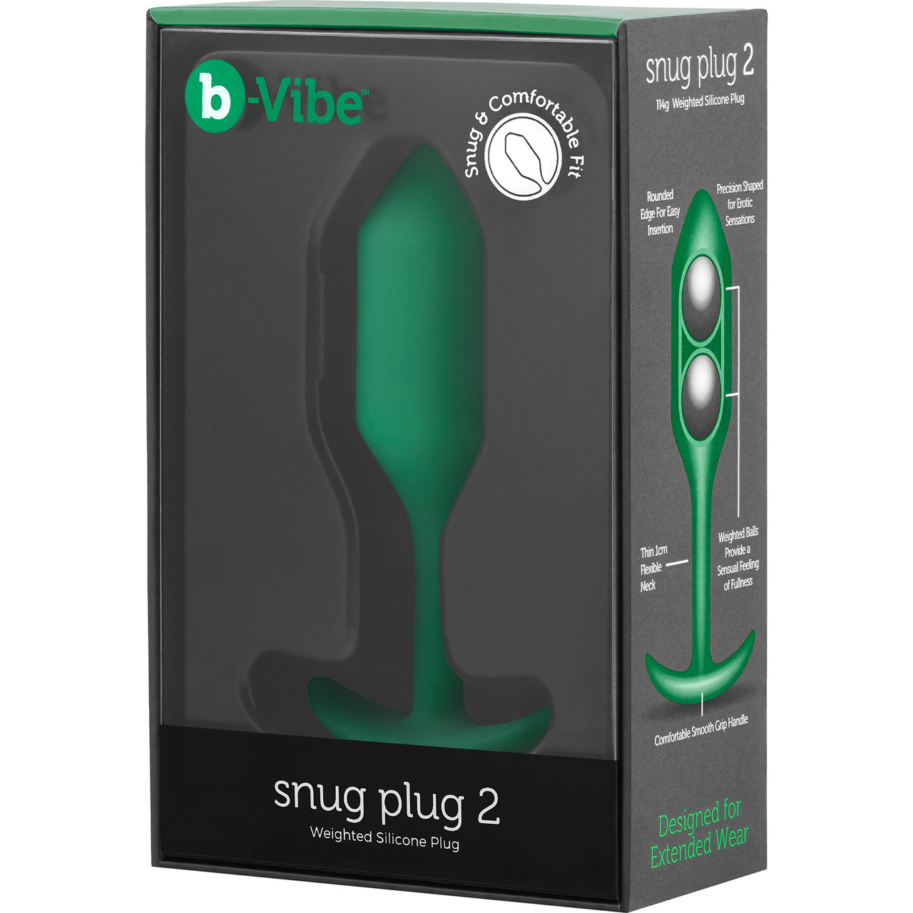 Анальная пробка для ношения b-Vibe Snug Plug 2 с переменным центром тяжести, зеленая