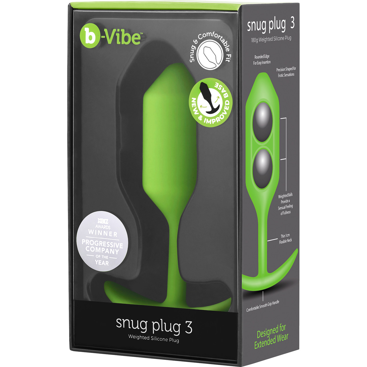 Анальная пробка для ношения b-Vibe Snug Plug 3 с переменным центром тяжести, зеленая