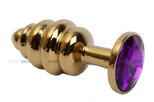 Анальная пробка ребристая 4sexdream, золотистая с фиолетовым кристаллом