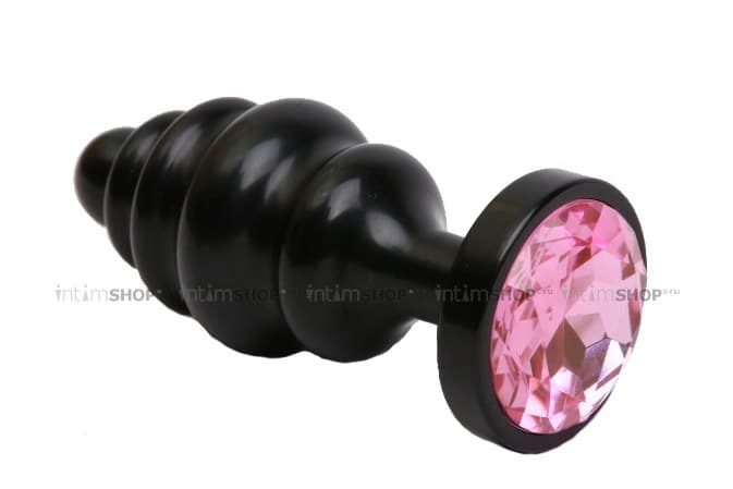 Анальная пробка ребристая 4sexdream, черная с розовым кристаллом