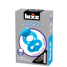 Виброкольцо с подхватом мошонки Luxe Vibro Дьявол в доспехах + презерватив, голубое