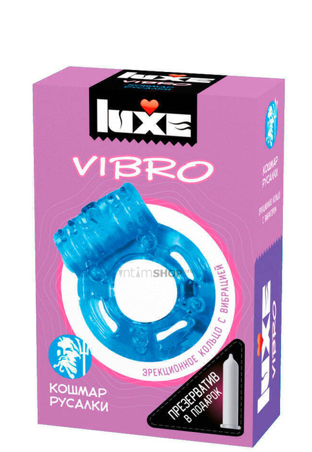 

Виброкольцо Luxe Vibro Кошмар русалки + презерватив, голубое
