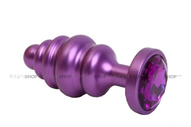 Анальная пробка ребристая 4sexdream 7.3 см, фиолетовая с фиолетовым кристаллом - фото 1