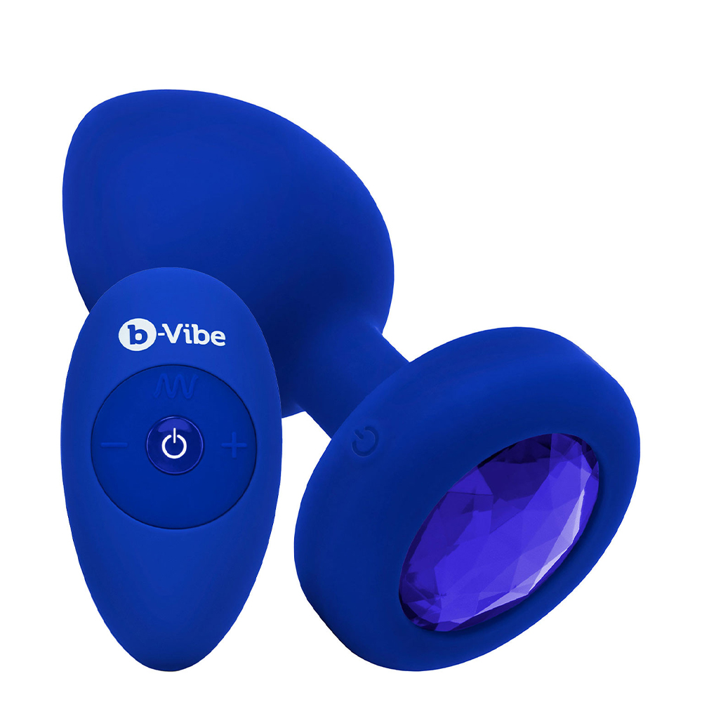 Вибропробка b-Vibe Jewel L/XL с пультом ДУ, синяя с синим кристаллом