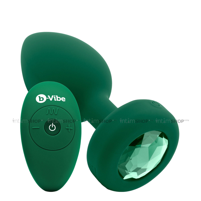 Вибропробка B-vibe Jewel M/L с пультом ДУ, зеленая с изумрудным кристаллом - фото 1